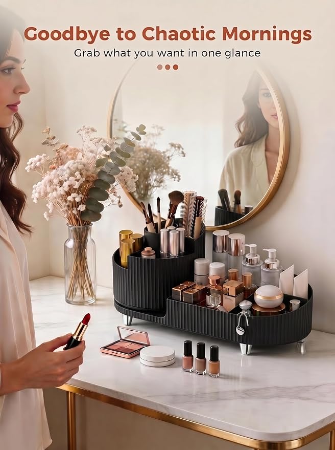 Booklov Rotating Makeup Organizer for Vanity Countertop, Black | Plastic Cosmetic Display Case, Large Beauty Brush Holder for Bathroom Counter, Skin Care Perfumes Storage - Image 5