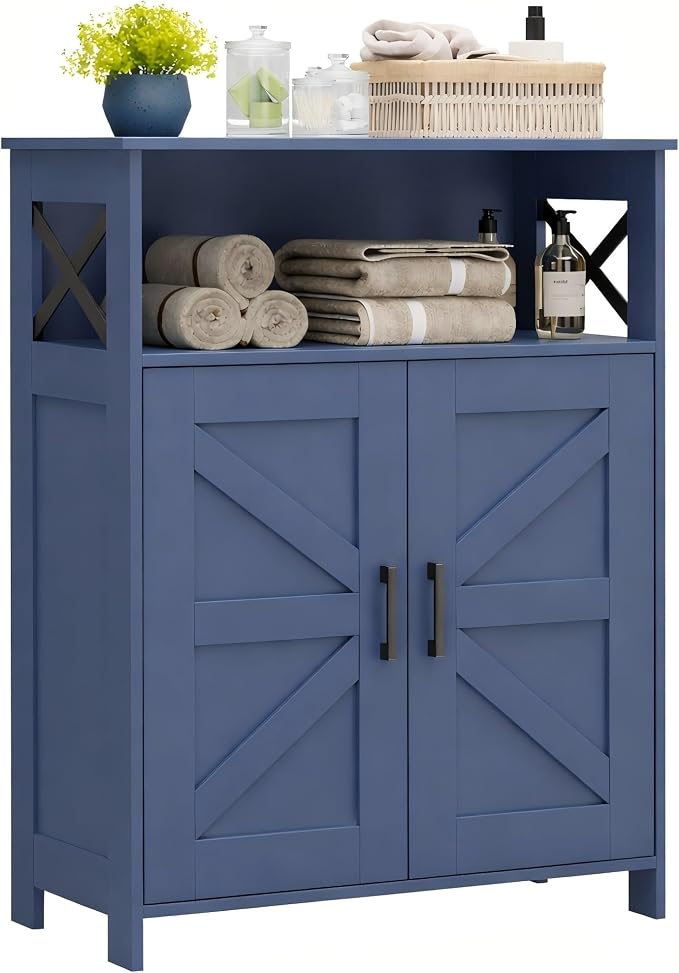 Homhedy Farmhouse Bathroom Storage Cabinet with Doors, Small Floor Cabinet | Toilet Paper Cabinet with Adjustable Shelf, Freestanding Storage Cabinet for Kitchen/Laundry/Living Room, 24"W, Blue - Image 4