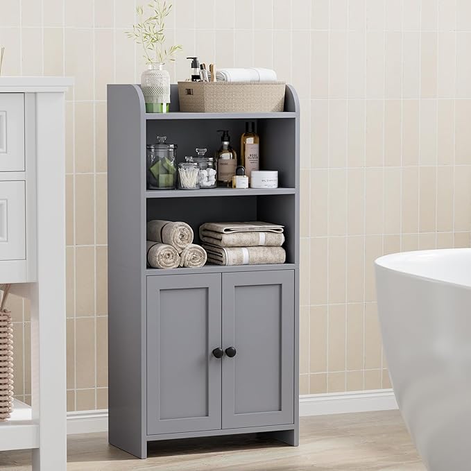 Homhedy Small Bathroom Storage Cabinet, Toilet Paper Storage Cabinet | Bathroom Floor Cabinet with Doors and Shelves, Bathroom Organizers for Small Spaces, 7.9" D x 14.6" W x 31" H, Gray - Image 3