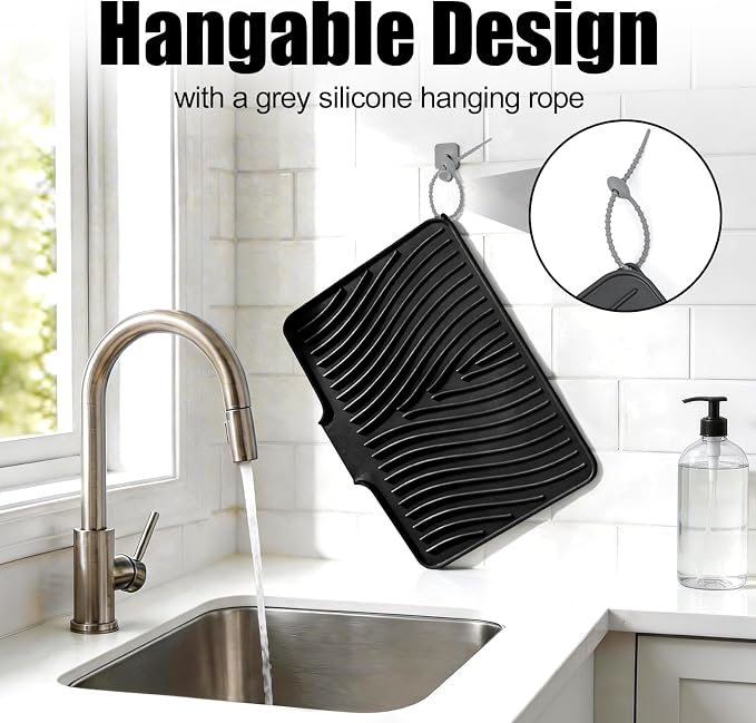 TIKNIK Silicone Dish Drying Mat for Kitchen Counter, Black-1pc, 20" x 15" | Heat Resistant & Non-Slip Dish Drain Pad with Built-In Drain, Dishwasher Safe, Quick-Dry, Hangable & Roll-Up for Storage - Image 5