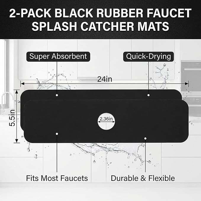 Cuttable Kitchen Sink Faucet Mat: 2PCS 24"Lx5.5"W DIY Splash Guard for Irregular Sink 2, 3 holes, Soap Dispenser & Air Gap - Bathroom Counter Protector Drip Catcher with Pre-Cut Center Hole, Black - Image 2