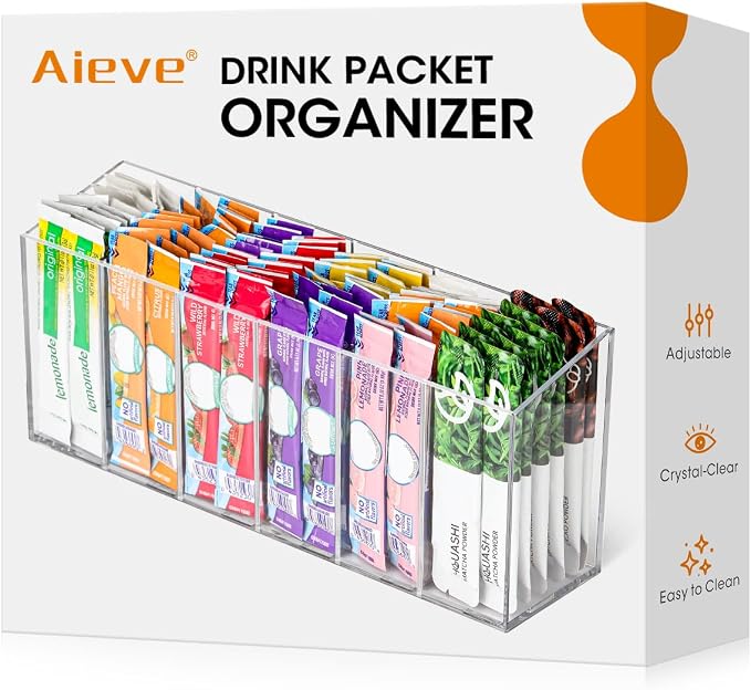 AIEVE Drink Packet Organizer, Water Drink Packet Holder with Removable Divider, Water Flavor Packet Organization Container for Kitchen Organizers and Storage (6 Compartments) by Aieve