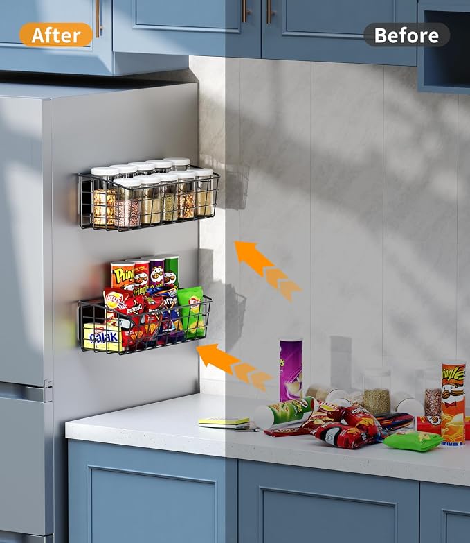 1Pack Magnetic Shelf for Refrigerator with Removable Hooks(Black) | Strong Magnetic Spice Rack for Kitchen Storage, Fruit Potato Onion Storage Shelves, Large Magnetic Basket Organizer - Image 2