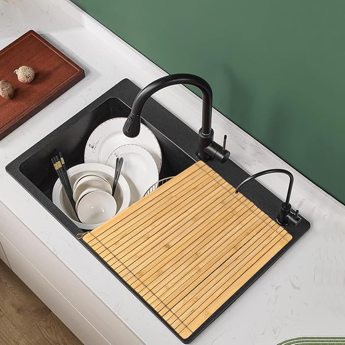 Over Sink Drainer Rack, Bamboo Roll up Dish Drying Rack Multipurpose Dish Drainer Counter Space, Over The Sink Dish DryingRack for Draining Dish, Glass, Vegetables, Fruits - Image 3
