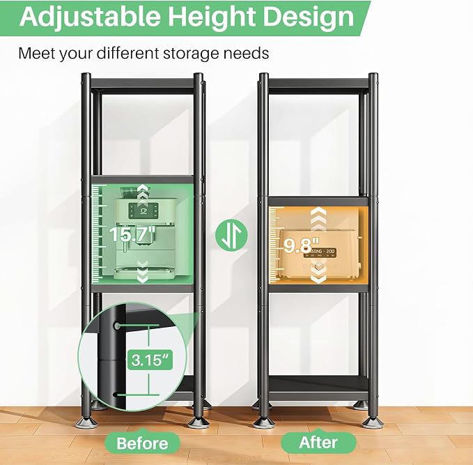 PXRACK Storage Shelves with Rolling Wheels, Adjustable 4 Tier Metal Shelving Unit for Storage Heavy Duty, Small Storage Rack Shelf for Corner of The Kitchen Bathroom Living Room Garage Office, Black - Image 3