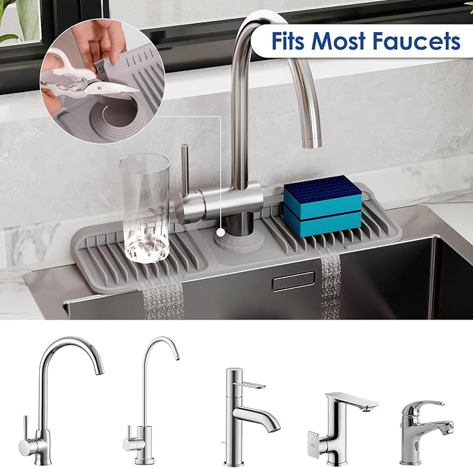 17.7-Inch Silicone Faucet Mat for Kitchen Sink Splash Guard, 7° Slope | 17.7"x5.5" water draining mat with fasten button; 1.6-2.75" customizable hole for bathroom, RV & kitchen sink drip catcher. - Image 4