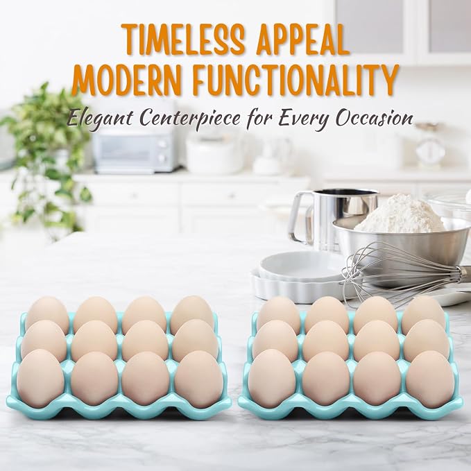 Flexzion 12 Cups Ceramic Egg Holder for Fridge - Dozen Ceramic Egg Tray Porcelain Container Storage Organizer Decorative Serving Stand Serveware for Refrigerator Countertop Display (Blue, 2 Pack) - Image 5