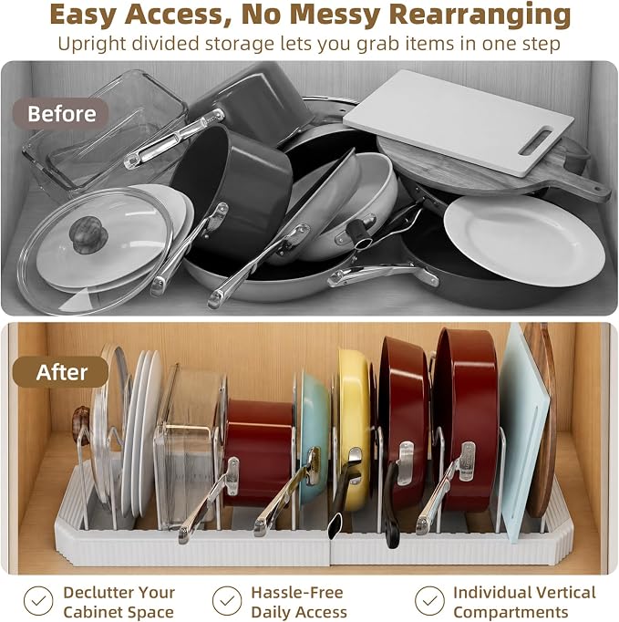2-Pack Expandable Pot Lid Organizer, 22" Pot and Pan Holder | Adjustable, Under Cabinet, 10 Dividers, Inside Kitchen Cabinet Storage Rack for Baking Sheets, Cutting Boards, Cookware - Image 5