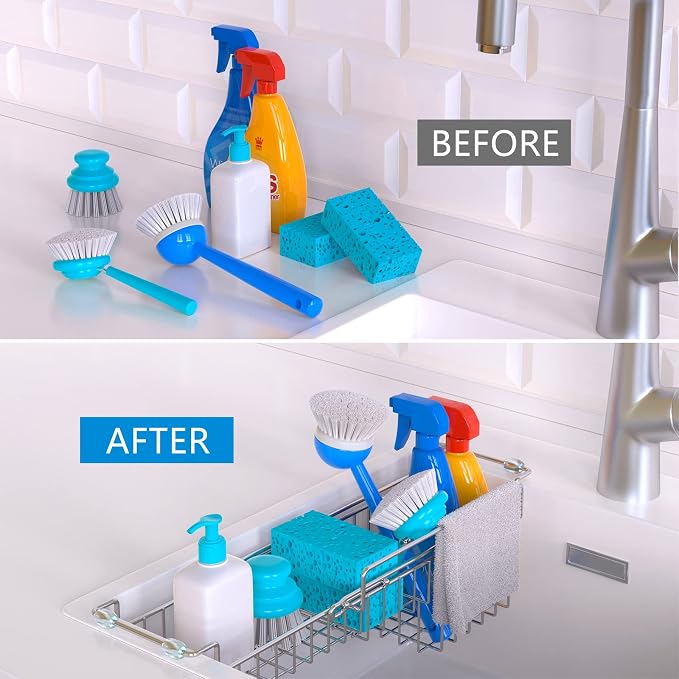 Dish Stands, Over The Kitchen Sink Caddy Sponge Holder Organizer Drying Rack Expandable for Sponge Brush Soap Dish Cloth Rag Smaller 12.25" to 17.25", Stainless Steel - Image 2