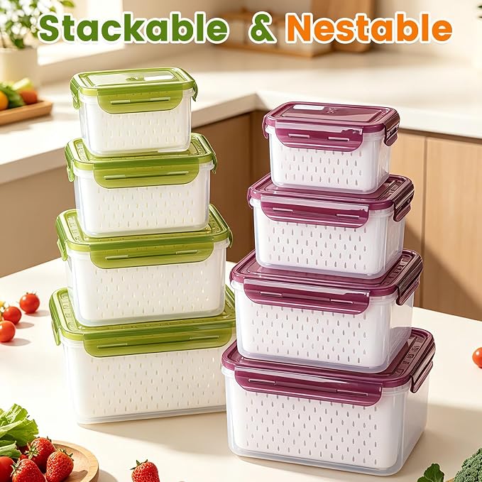 TBMax 8 Pieces Airtight Fruit Storage Containers for Fridge with Air Circulation Vent, 4 Pack Produce Saver with Colander for Berry Lettuce Salad Vegetable Storage, Refrigerator Organizers- Green - Image 7
