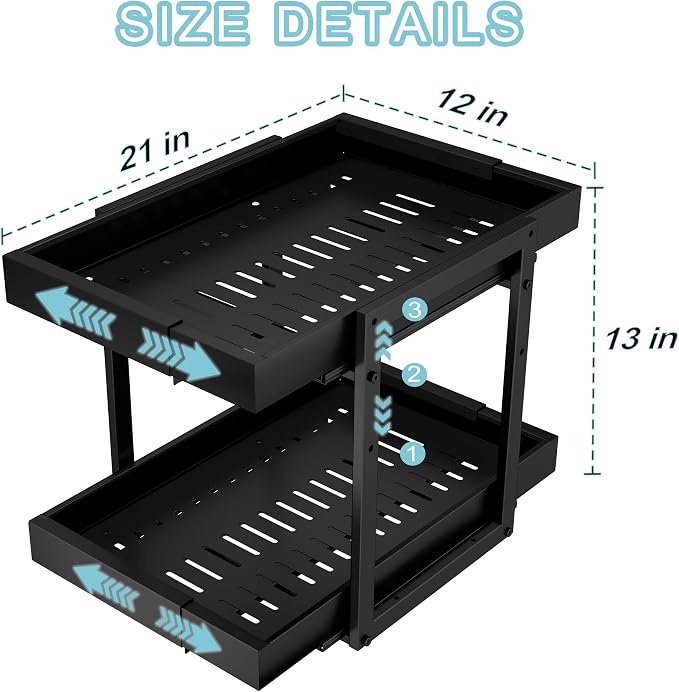 2-Tier Expandable Pull Out Cabinet Organizer, Cabinet Drawers, 21"D | Cabinet Pull Out shelves, Adjustable Pantry Drawers, Slide Out Drawers for Kitchen Cabinets, Under Sink Organizer,Large Black - Image 2