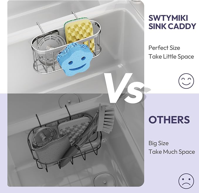 SWTYMIKI Sponge Holder for Kitchen Sink - Movable Sink Caddy with Smiley Face Sponge Holder, Rustproof Hanging Sponge Organizer in Double Bowl Sinks Depth>3.15in, Middle Divider<1.5in, Silver - Image 4
