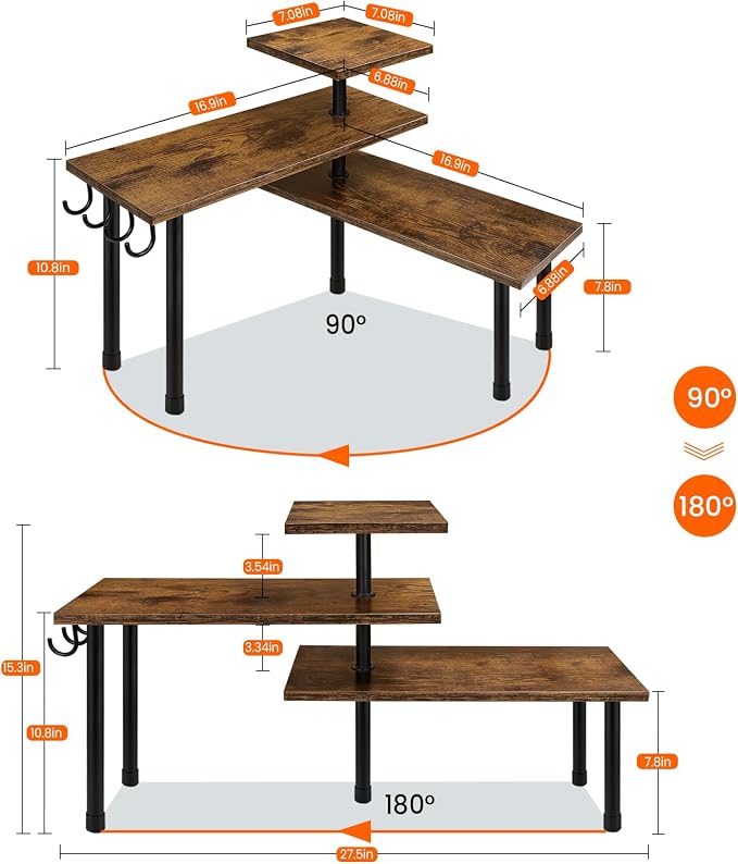 Kitchen Countertop Organizer - 3 Tier Corner Shelf, Bathroom Counter Organizer, Spice Rack, Coffee Bar, Over Sink, Rustic Brown - Image 2