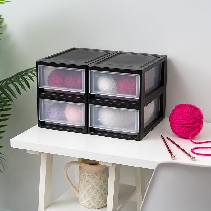 IRIS USA 4-Pack, 6 Qt. Small Stacking Drawer Storage Organizer, Black | Organize dorm essentials, school supplies, toiletries, snacks, and accessories with stackable drawers for small-space storage - Image 2