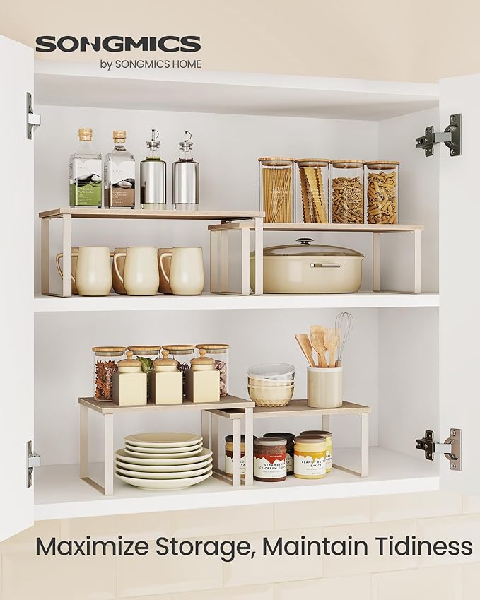 SONGMICS Cabinet Organizer Shelf, Set of 2 Spice Rack, Kitchen Storage | Kitchen Counter Storage Spice Rack, Particleboard, Steel, Travertine Beige and Cream White, BYSTRO Collection UKCS025L01 - Image 2