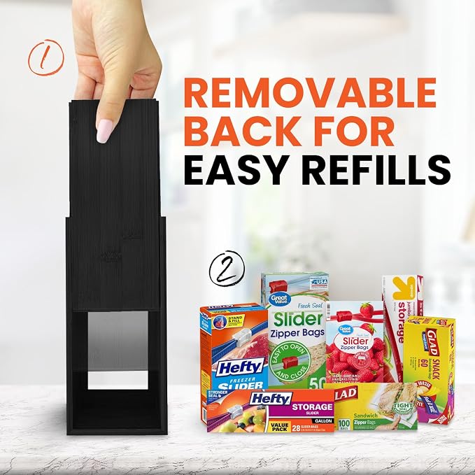 mHomeBilt Bag Storage Organizer - Bamboo Food Plastic Baggie Holder, Dispenser, and Container for Kitchen Drawer - Fits Major Brand's Gallon, Quart, Sandwich & Snack Sized Slider Bags (Black) - Image 5