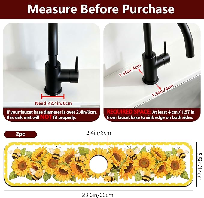 2 Pcs Kitchen Sink Splash Guard Faucet Mat Sunflower Faucet Mat for Sinks Bee Pattern Absorbing Drying Mat for Kitchen Bathroom, 23.6x5.5inch - Image 2