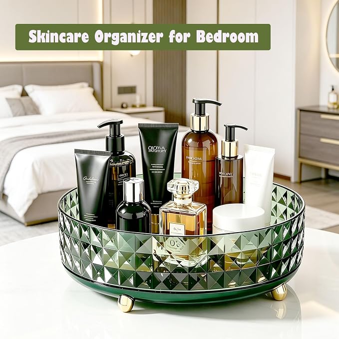 Makeup Perfume Organizer, 9 Inch /23cm 360 Degree Rotating Skincare Organizer, Cosmetics Organizer for Dresser Bathroom Bedroom Countertop Kitchen Pantry Cabinet Vanity Tray Refrigerator, Dark Green - Image 4
