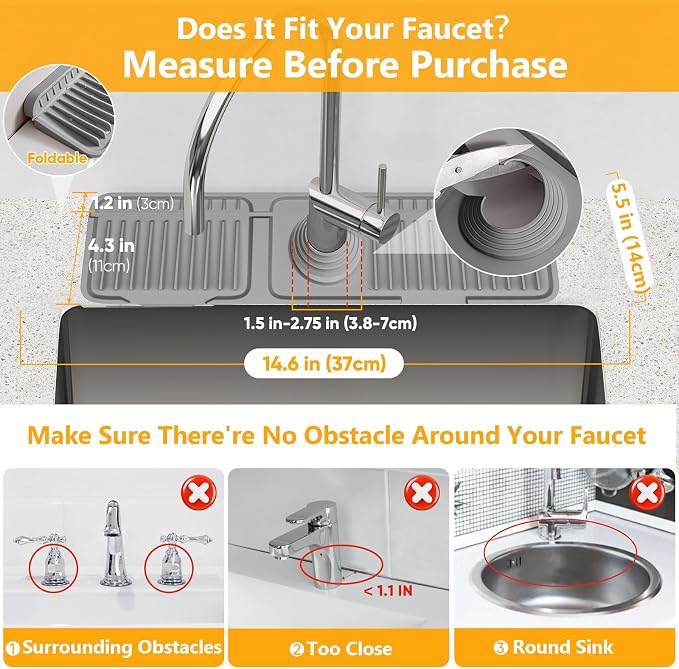 14.6 inch Faucet Mat for Kitchen Sink Splash Guard[7° Slope Fast Self-draining][Snap Lock Fit]Kitchen Sink Faucet Mat Splash Guard Kitchen Sink Area Water Splash Guard Behind Faucet Draining Mat - Image 2