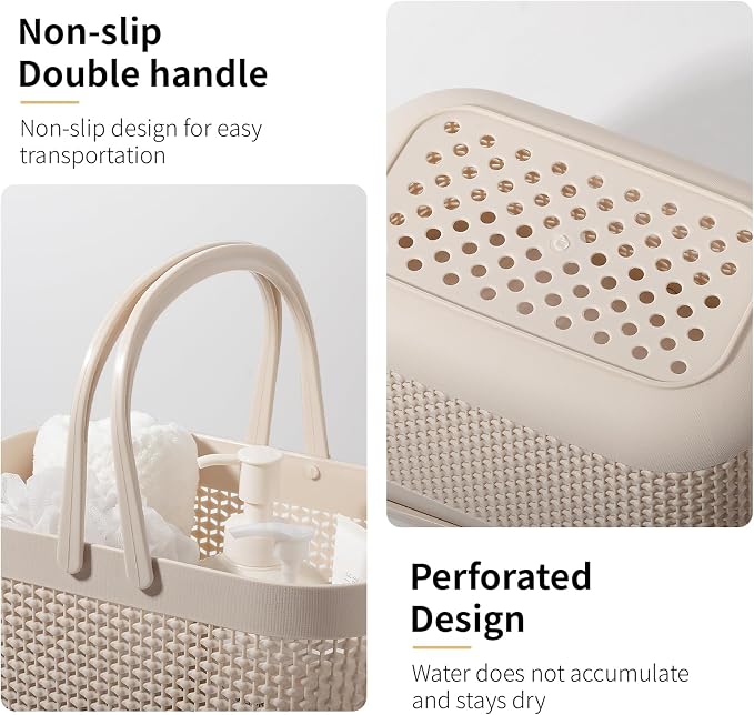 Plastic Portable Shower Caddy Basket, Storage Organizer with Handle, Beige | Bottom Drain Holes, Keep Dry, Sturdy and Durable, Easy to Carry for Bathroom, Kitchen, Dorm Room, RV, College - Image 2
