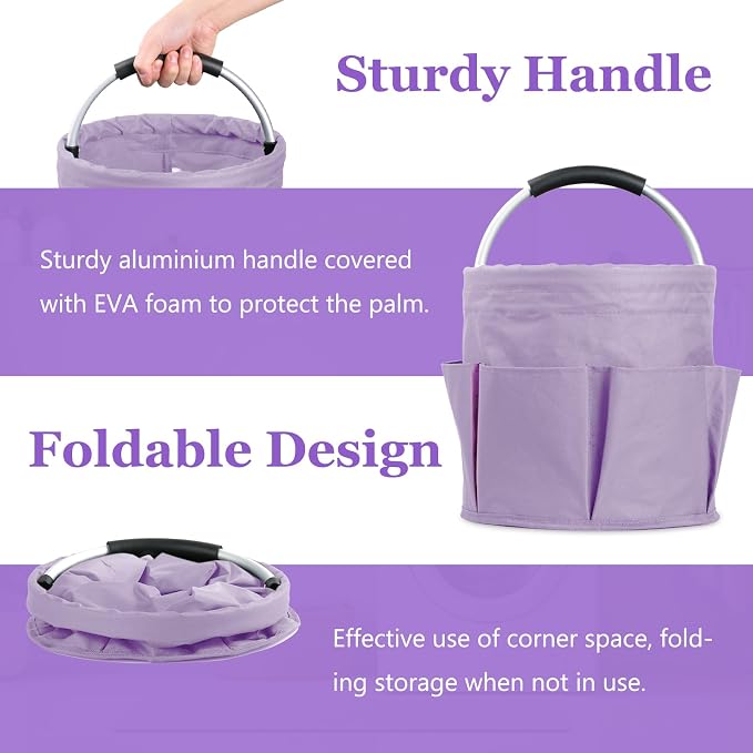 17L Purple Shower Caddy for Women, Foldable Cleaning Caddy with Handle and 6 Pockets, 600D Oxford Fabric Garden Tool Bag, Multifunctional Storage Basket for College, Dorm, Family, Purple - Image 7