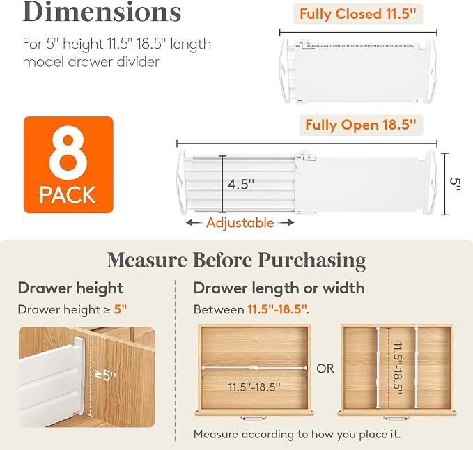 Lifewit 5" Tall Drawer Dividers, Adjustable Deep Drawer Organizer Clothes | 11.5"-18.5" Expandable Plastic Separators for Dresser, Kitchen, Cabinet, Nursery, Office, Socks & Underwear Storage, 8 Pack - Image 2