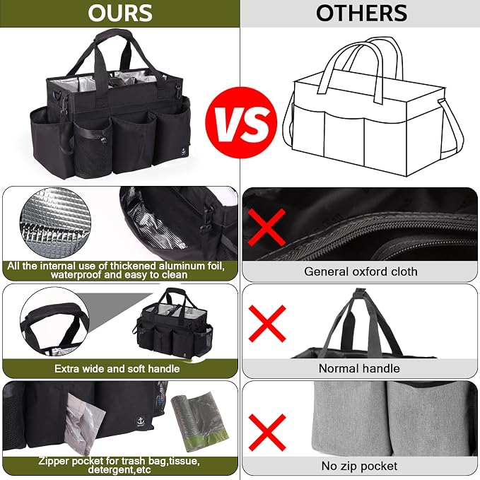 Large Cleaning Caddy Bag Built-in hard plastic sheet Aluminum foil lining | Waterproof nylon, aluminum foil lining, detachable dividers, dual straps for housekeepers - Image 3