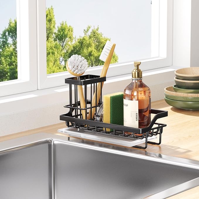 Consumest Sponge Holder for Kitchen Sink - Kitchen Sink Caddy Organizer with Removable Drip Tray for Countertop Dish Soap Dispenser Brush Storage Accessories 304 Stainless Steel - Black - Image 7