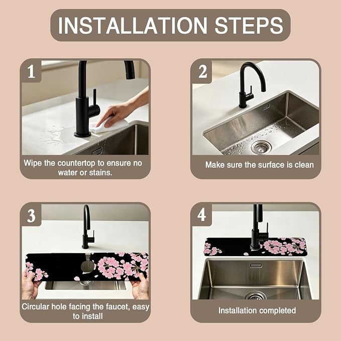 Faucet Mat for Kitchen Sink Romantic Cherry Blossoms Sink Splash Guard Behind Faucet Soft Diatom Mud Material Non-slip Easy to Clean for Bathroom & Kitchen 24"X5.5" - Image 4