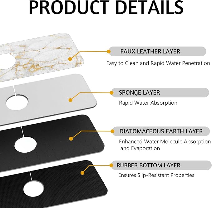 MCALK Marble White Kitchen Sink Faucet Mat Splash Guard, Absorbent Quick-Dry Kitchen Sink Mat - Ideal for Splash Guard & Drip Catching with Modern Art Decor( 1pc 15"x5.5") - Image 3