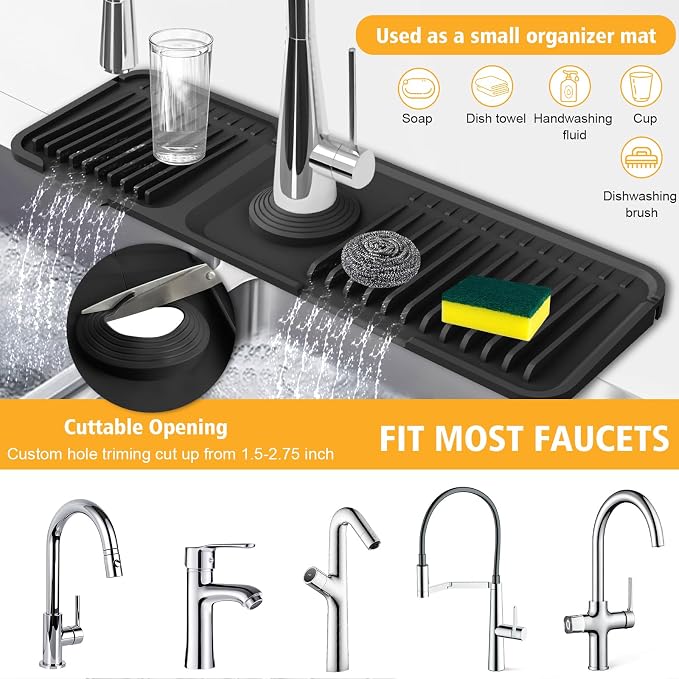 17.7-Inch Kitchen Sink Splash Guard Mat | 7° Slope for Fast Self-Draining | Snap-Lock Design | Universal & Cuttable Silicone - Image 4