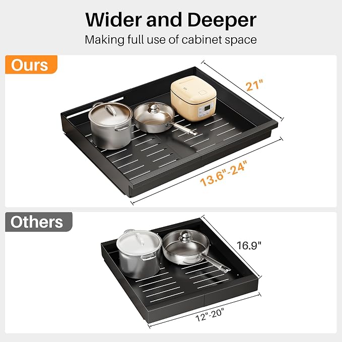 Pull out Cabinet Organizer, 2-Pack Expandable(13.6"-24") Silde out Drawers with Raising Pad for Framed Cabinets, Adjustable Full-Extension Adhesive Roll out Shelves for Kitchen Pantry Home Pot and Pan - Image 2