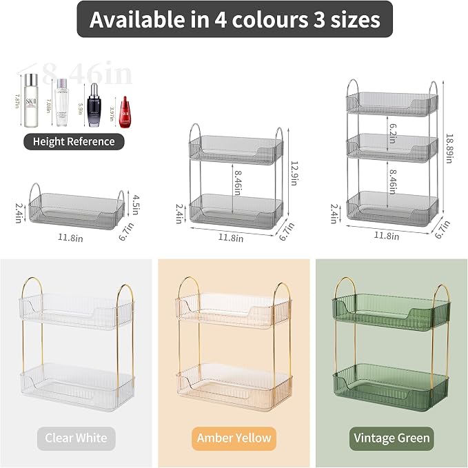 Akinbas 2 Tier Bathroom Organizer Countertop Makeup Perfume Tray Skincare Organizer for Bathroom Dresser Vanity (Grey) - Image 2