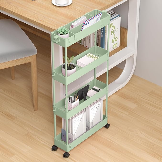 Slim Storage Cart 4 Tier,Bathroom Organizer Rolling Utility,Mobile Shelving Unit Slide Out for Office, Kitchen, Laundry Room & Narrow Places，Green - Image 5