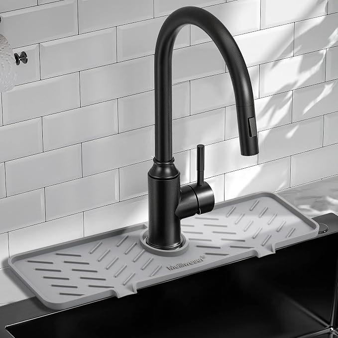 Silicone Faucet Mat for Kitchen Sink – Gen 2 Splash Guard with Upgraded Outlet & Slope – 18” x 5.1” Water Catcher & Sink Sponge Holder for Kitchen and Bathroom (Gray) by Meiliweser
