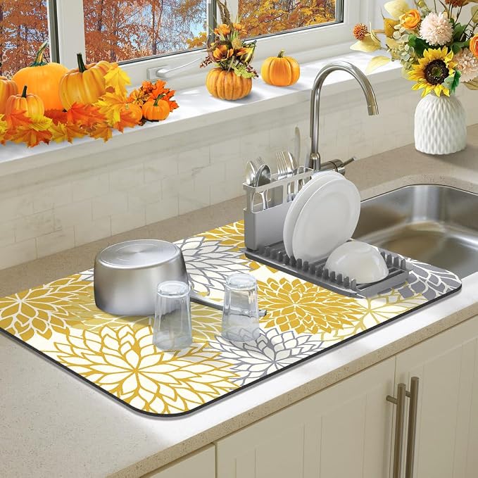 Findosom 2PCS 16" x 24" Fall Dish Drying Mat & 24" x 5.5" Sink Splash Guard, Super Absorbent & Cuttable Dish Mat Drying Kitchen Mat with Yellow Floral, Hide Stain Drying Mat for Kitchen Counter - Image 5