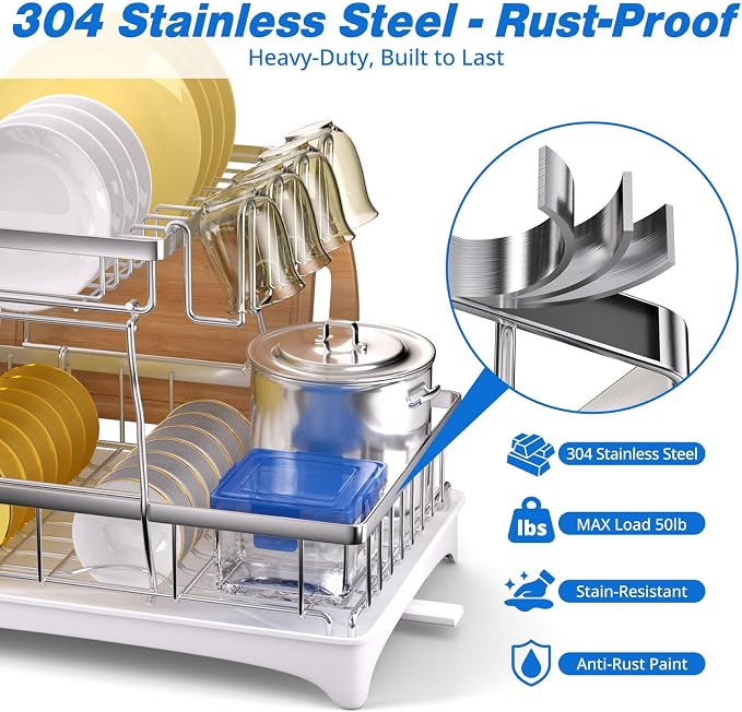 2-Tier Dish Drying Rack - 304 Stainless Steel Dish Rack Auto Drain | Dish Racks for Kitchen Counter, Dish Drainer with Knife Fork & Cup Rack, Gifts for Women, Mothers Day, Kitchen Gadget, Silver - Image 2