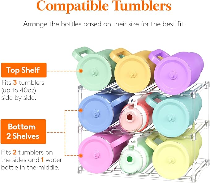 Lifewit Stackable Bottle Storage Organizer, Clear Freestanding Wine Holder for Cabinet, Large Slot Water Bottle Tumbler Cup Organizer for Pantry, Plastic Wine Rack for Fridge Cellar, 3Tier Hold 9 - Image 4