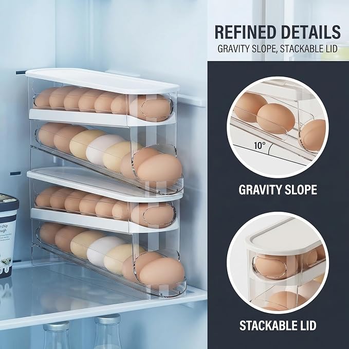 Auto-Rolling Egg Dispenser with Lid, Transparent, 1 Pack | Fridge Egg Organizer, Side-Door Slide Design, Stackable & Space-Saving, Easy Access, Holds 14–16 vs. Standard 12 - Image 4