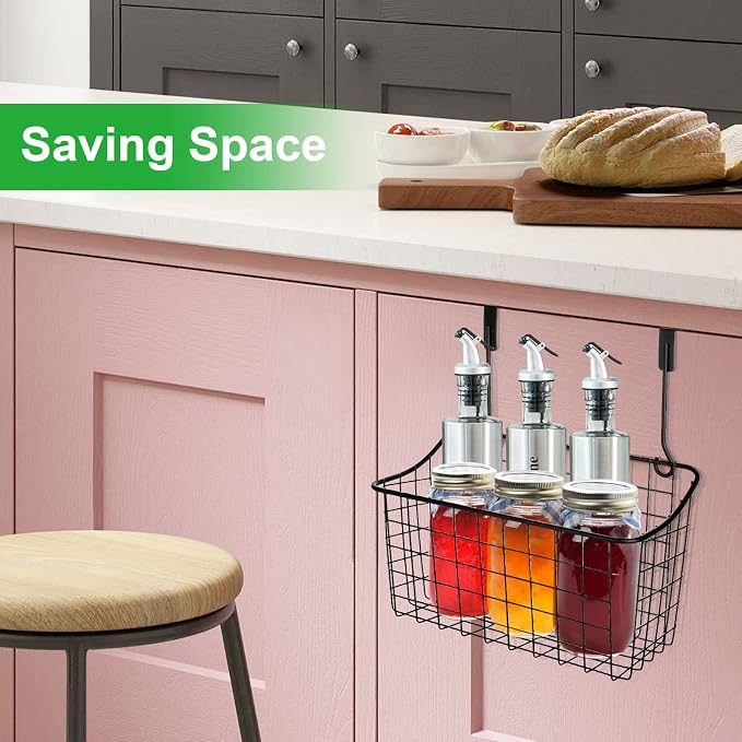 4PCS Over the Cabinet Basket, Over Cabinet Door Organizer, Grid Storage Baskets with Hooks, Metal Hanging Basket Kitchen Storage Organizer Holder for Pantry, Bathroom, Black, 11x9.2x4.3’’ - Image 5