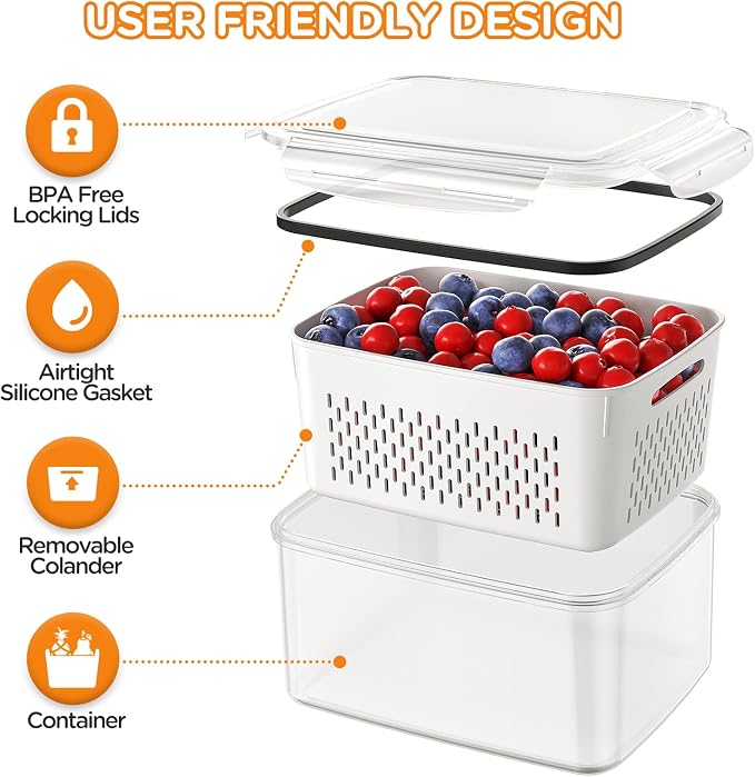 5-Pack Fruit Storage Containers for Fridge with Removable Colanders, 4 in 1 Produce Storage Containers with Lids, Leakproof Fridge Organizer Bins for Salad Berry Lettuce Vegetables Meat Keeper Fresh - Image 4