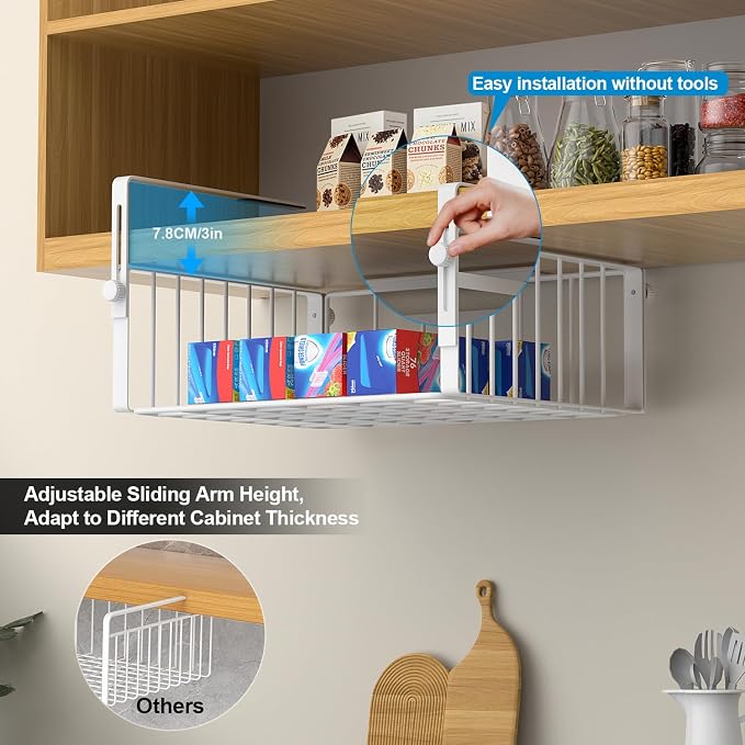 AmonHouseware 2Pack Under Shelf Storage Basket Organizer, White | Adjustable Hanging,Under Cabinet Add-on, Slide-in Baskets, for Laundry Room Kitchen Pantry Desk Bookshelf Counter Cupboard - Image 2