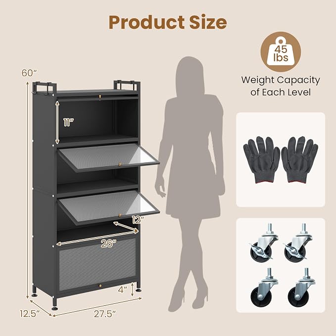 GIANTEX 5-Tier Kitchen Storage Cabinet, 4 PC Doors, Rolling Wheels (Black) | Mobile Metal Pantry Cabinet with 4 Hooks & Adjustable Feet, 60" Baker's Rack Microwave Stand for Dining & Living Room - Image 3
