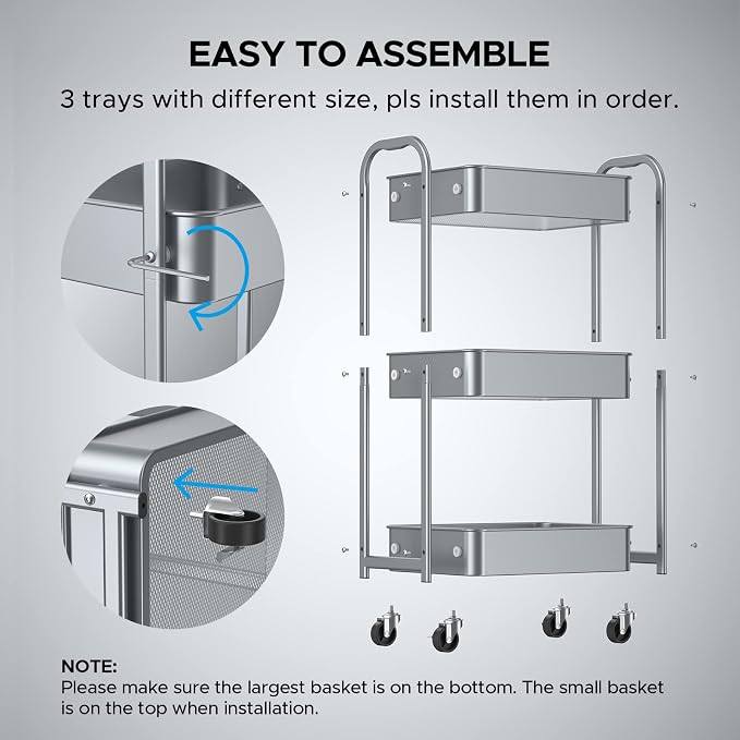 MAX Houser 3-Tier Rolling Utility Cart with Caster Wheels, Silvery-Grey | Easy Assembly, multi-purpose storage trolley for kitchen, rolling cart with smooth caster wheels for bathroom - Image 6