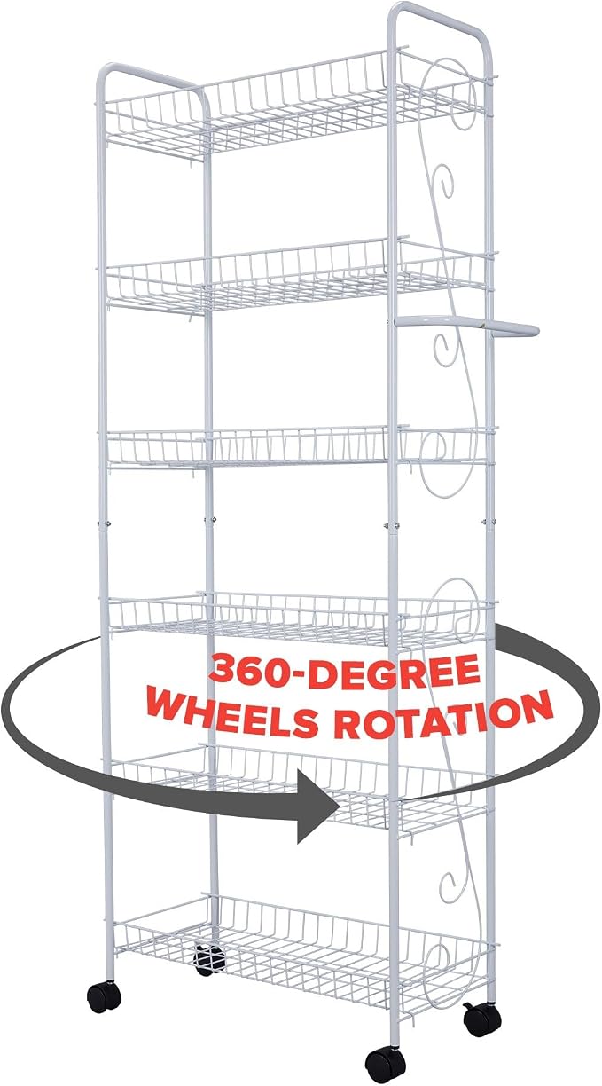 Slim Rolling Pantry Cart 6-Tier Shelf - Space-Saving Kitchen & Spice Rack on Wheels, 6" Deep, White Metal - Image 8