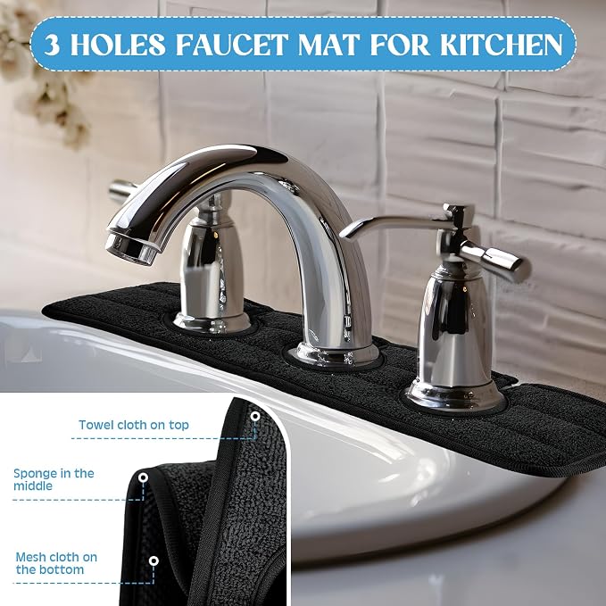 Teenyyou 2 Pcs Faucet Mat for Kitchen Sink Splash Guard for Kitchen Sink Faucet Dish Drying Mat for Bathroom Sponge Holder(Black,3 Round Holes) - Image 5