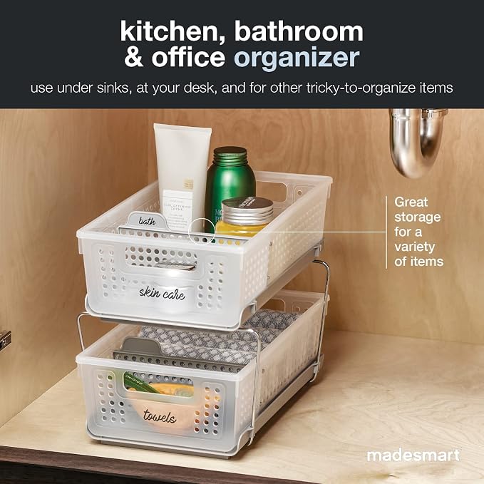 madesmart Two Tier Organizer with Dividers, Frost | pull out bins, tiered access, cleaning supplies, under sink use, pantry bottles, woman owned - Image 5
