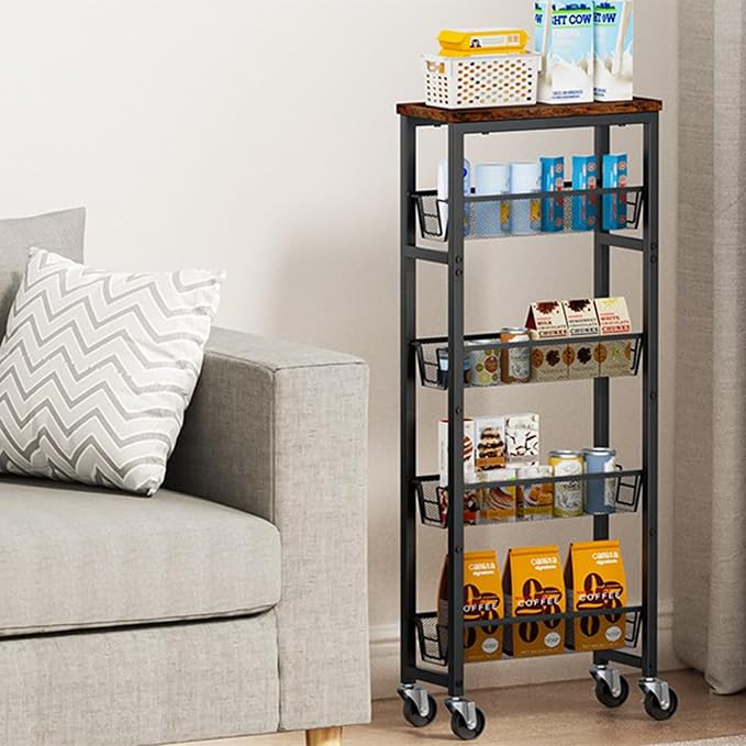 Honest Slim Storage Cart 4-Tier Slim Rolling Cart with Metal Frame and Wooden Top, 6.3 Inches, Storage Cart for Kitchen, Dining Room, Living Room, Bathroom, Home Office, Rustic Brown and Black - Image 5