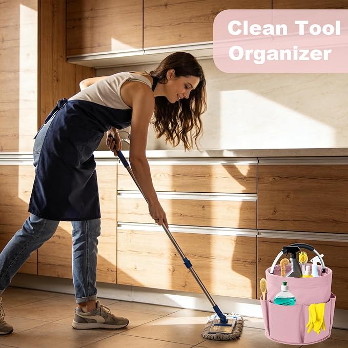 Cleaning Caddy with Handle, 17L Foldable Cleaning Supplies Organizer, Portable Storage Basket, Cleaning Supply Caddy, Multifunctional Cleaning Bucket Bag for Garden, Home, Kitchen (Pink) - Image 2