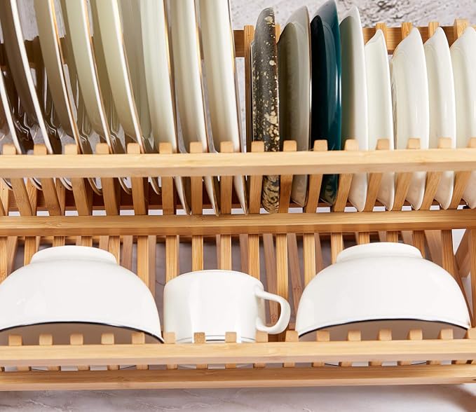 NOVAYEAH Bamboo Wooden Dish Rack, Wooden Dish Drying Drainer Rack | 3-Tier Collapsible Large Dish Drying Rack Folding Drying Holder for Kitchen Counter, Plate Holder Organization - Image 7